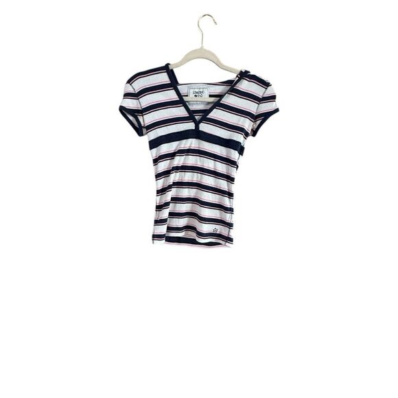 Limited to size 14 blue and white and pink striped hoodie short sleeved top - Picture 2 of 7